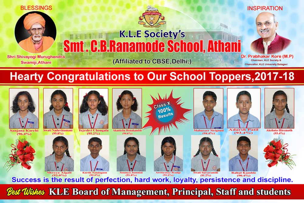 KLE SCHOOL,ATHANI - Hearty Congratulations to Our School Toppers, 2017-18