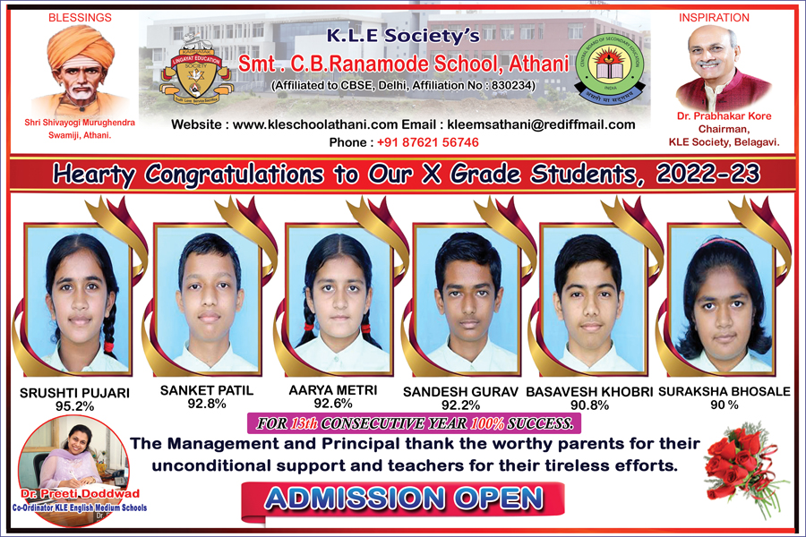KLE SCHOOL,ATHANI - Hearty Congratulations to Our School Toppers, 2021-22