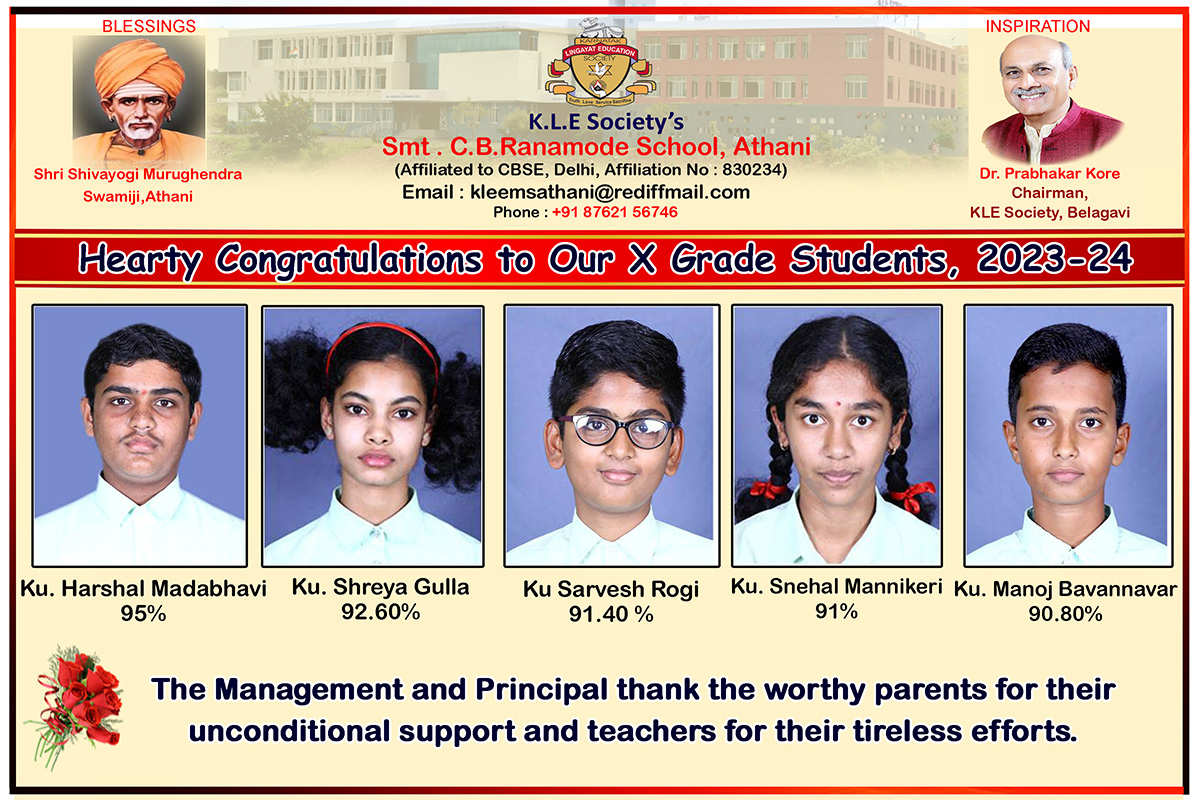 KLE SCHOOL, ATHANI - Hearty Congratulations to Our School Toppers, 2023-24