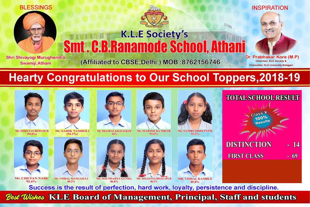 KLE SCHOOL,ATHANI - Hearty Congratulations to Our School Toppers, 2017-18